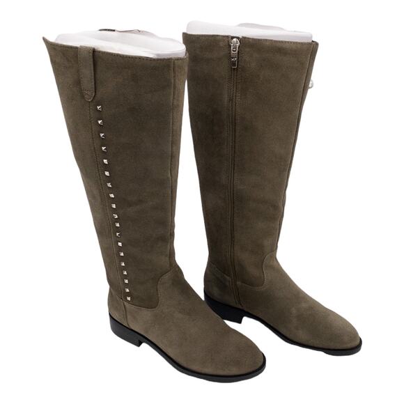 Marc Fisher Sage Green Secrit Suede Tall  Studded Wide Calf Low Heel Boots 5 - Picture 2 of 9